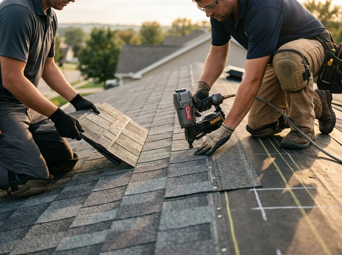 Professional roofer working on a residential roof in Lyndon